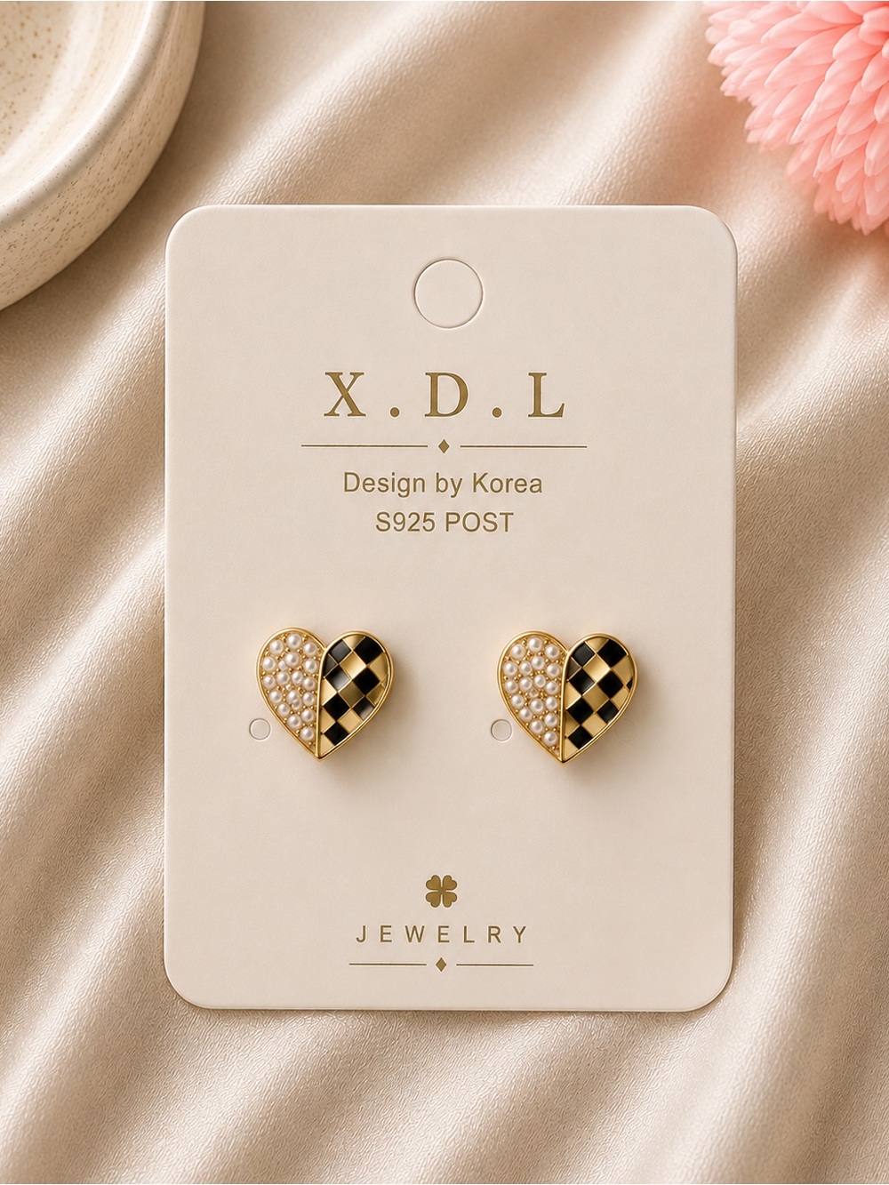 Gold Heart Stud Earrings with Black Check & Pearl Accents